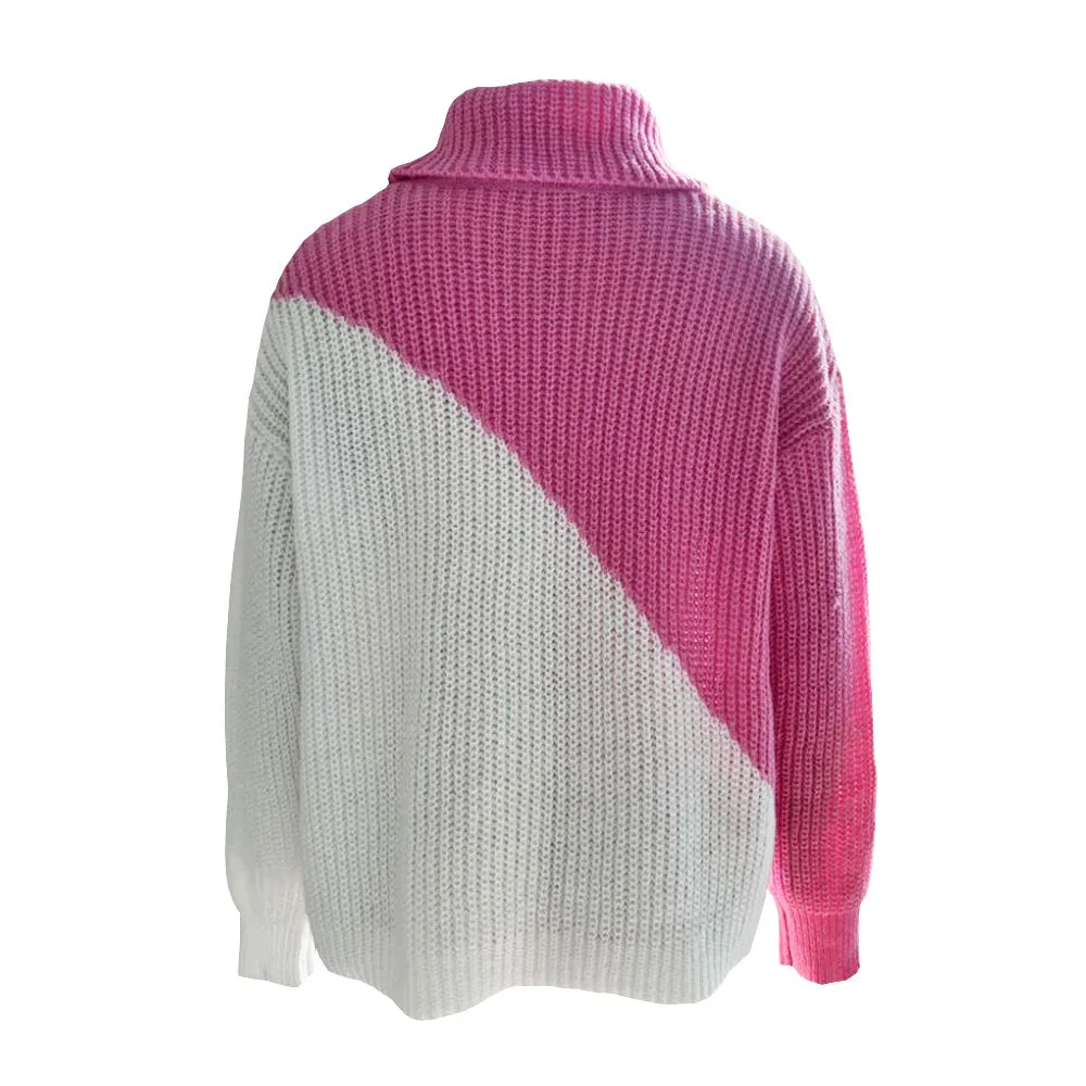 Oversized Knitted Color Block Turtleneck Drop Shoulder Long Sleeve Sweater - Pink