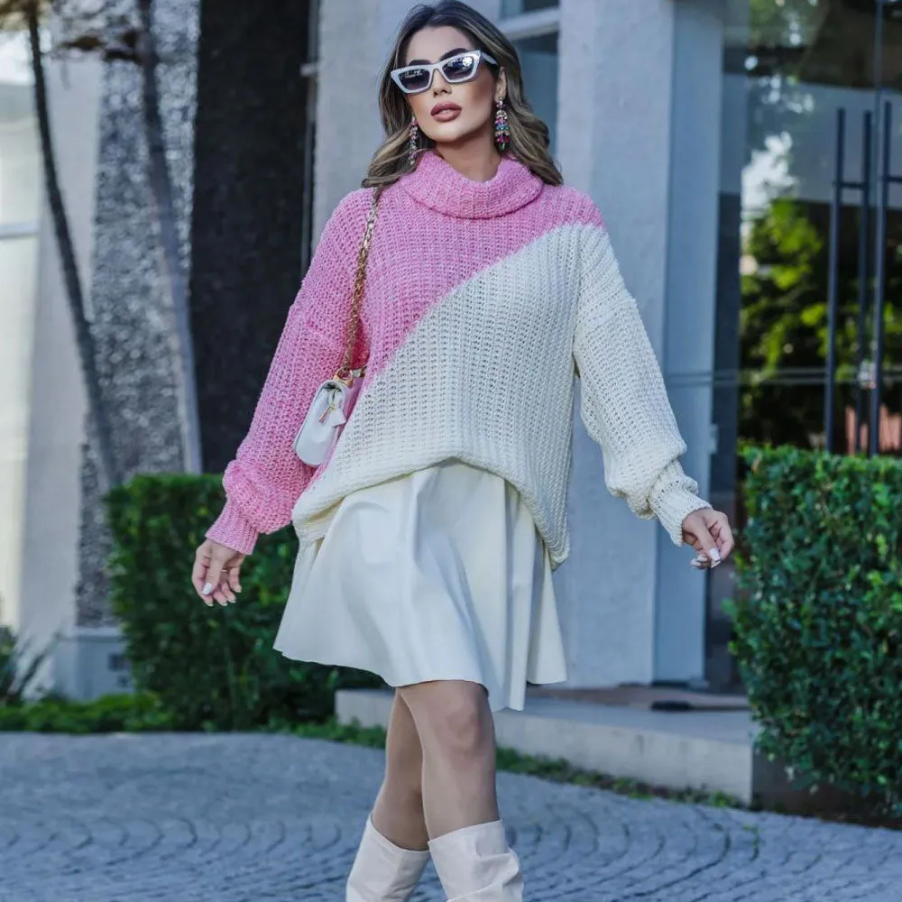 Oversized Knitted Color Block Turtleneck Drop Shoulder Long Sleeve Sweater - Pink