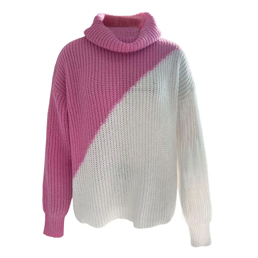 Oversized Knitted Color Block Turtleneck Drop Shoulder Long Sleeve Sweater - Pink