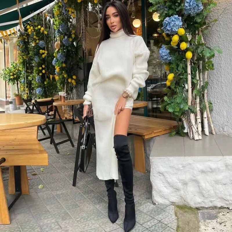 Oversized Turtleneck Sweater High Split Midi Skirt Matching Set - White