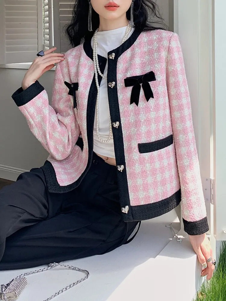 Patchwork Bowknot Jacket For Women Round Neck Long Sleeve Plaid Elegant Jackets Female Autumn Clothing Fashion