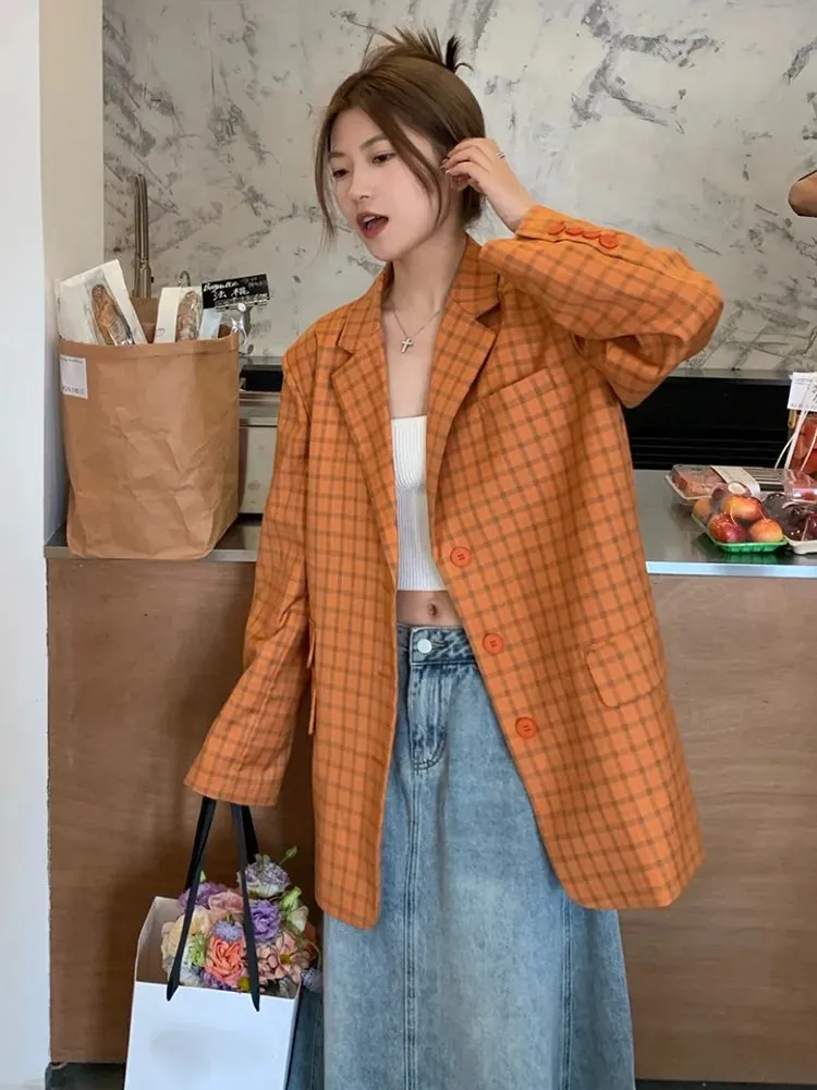 Patchwork Button Blazers For Women Notched Collar Long Sleeve Casual Loose Plaid Blazer Female Fashion Clothing