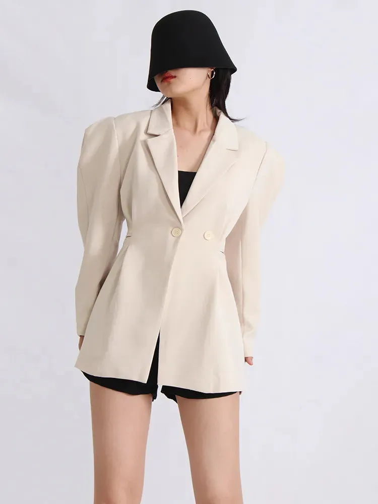 Patchwork Button Solid Blazers For Women Notched Collar Puff Sleeve Tunic Slimming Blazer Female Fashion Clothing