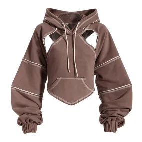 Patchwork Drawstring Sweatshirts For Women Hooded Long Sleeve Hollow Out Solid Casual Sweatshirt Female Fashion