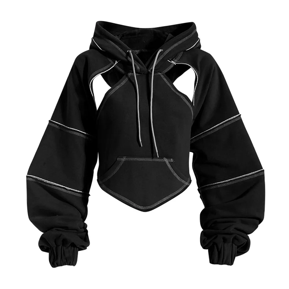 Patchwork Drawstring Sweatshirts For Women Hooded Long Sleeve Hollow Out Solid Casual Sweatshirt Female Fashion