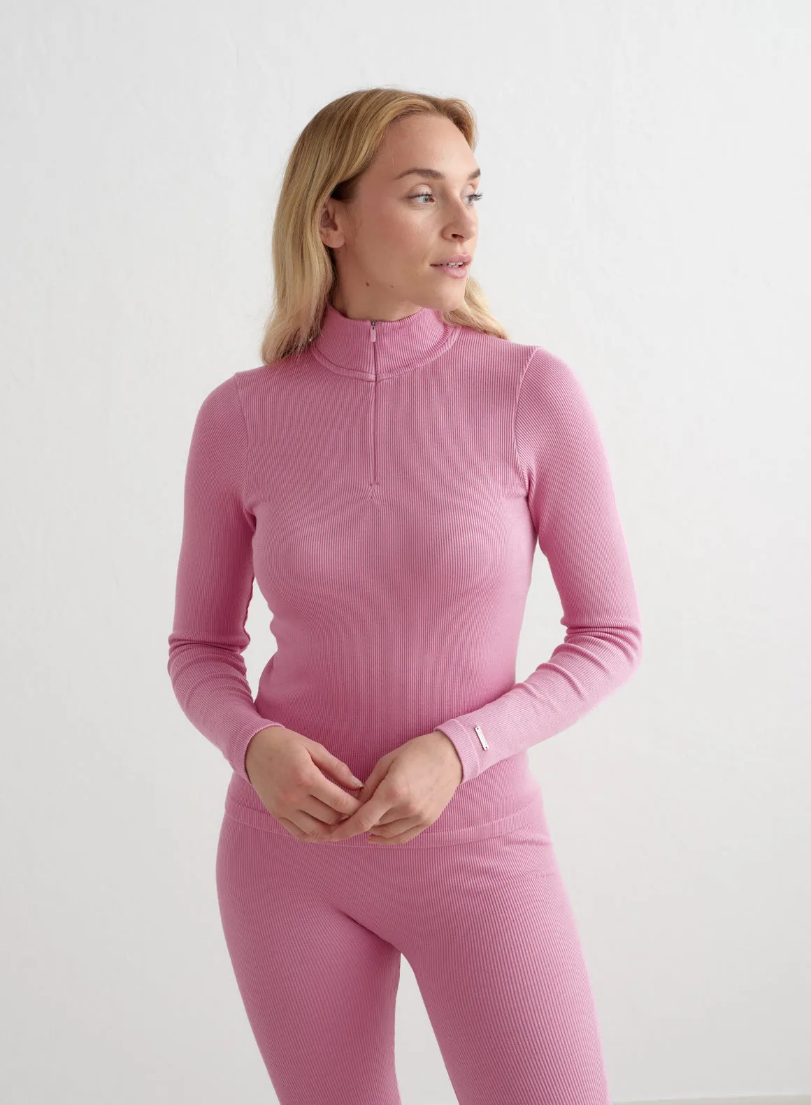 Peony Pink Ribbed Wool Half Zip