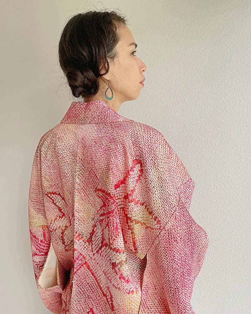 Pink Bamboo Leaves Shibori Kimono Jacket