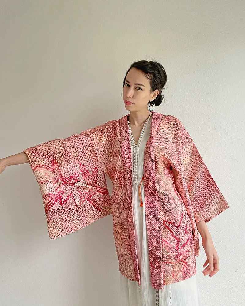 Pink Bamboo Leaves Shibori Kimono Jacket