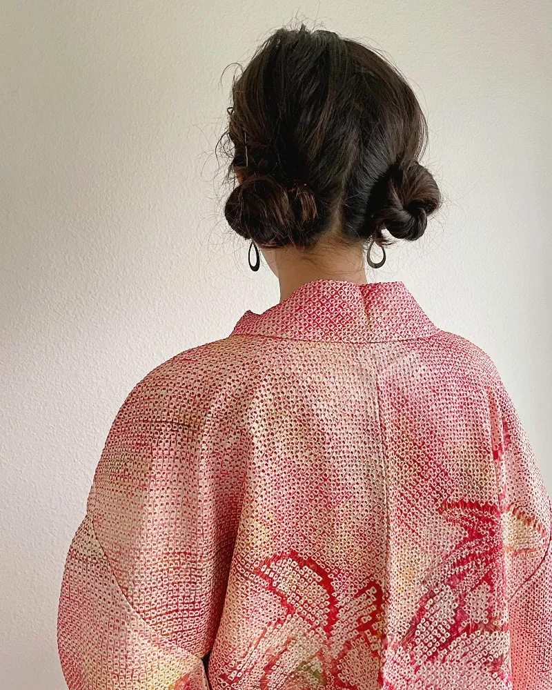 Pink Bamboo Leaves Shibori Kimono Jacket