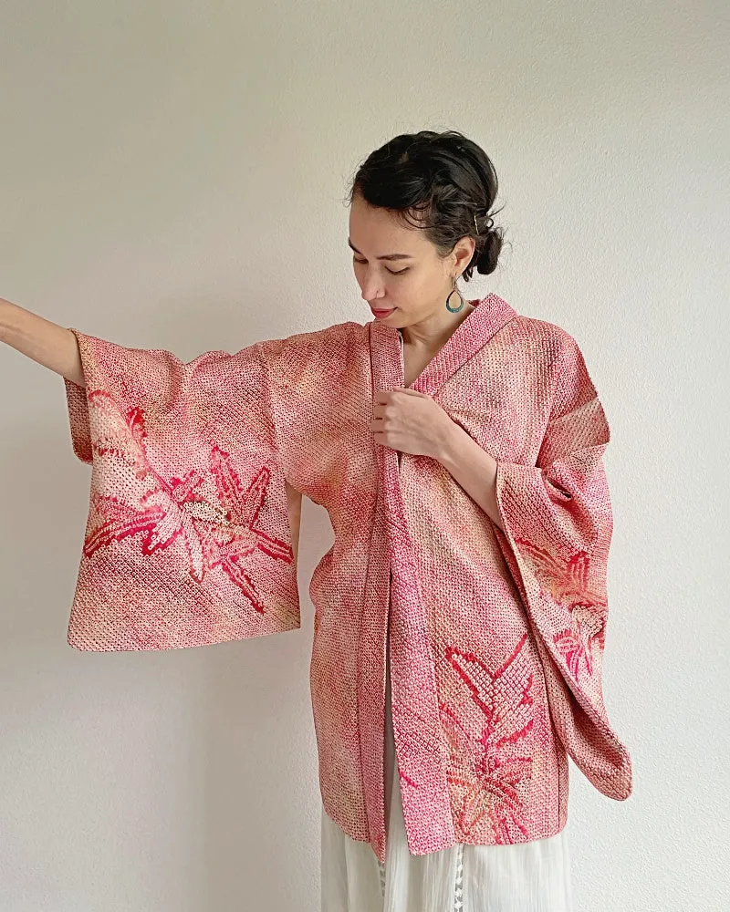 Pink Bamboo Leaves Shibori Kimono Jacket