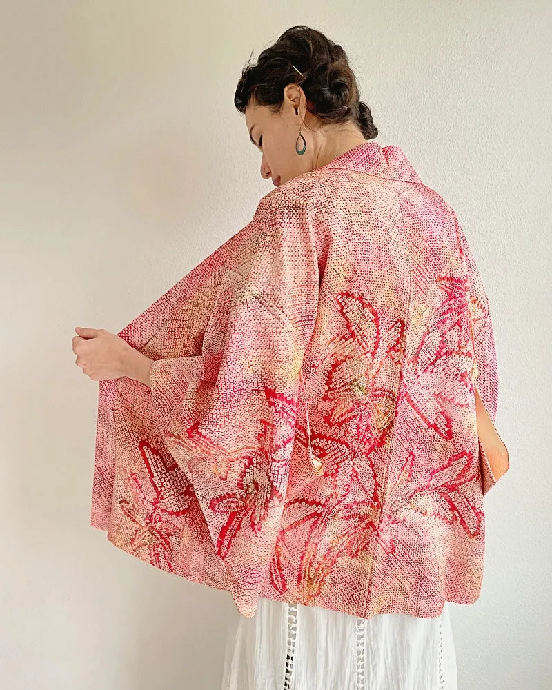 Pink Bamboo Leaves Shibori Kimono Jacket