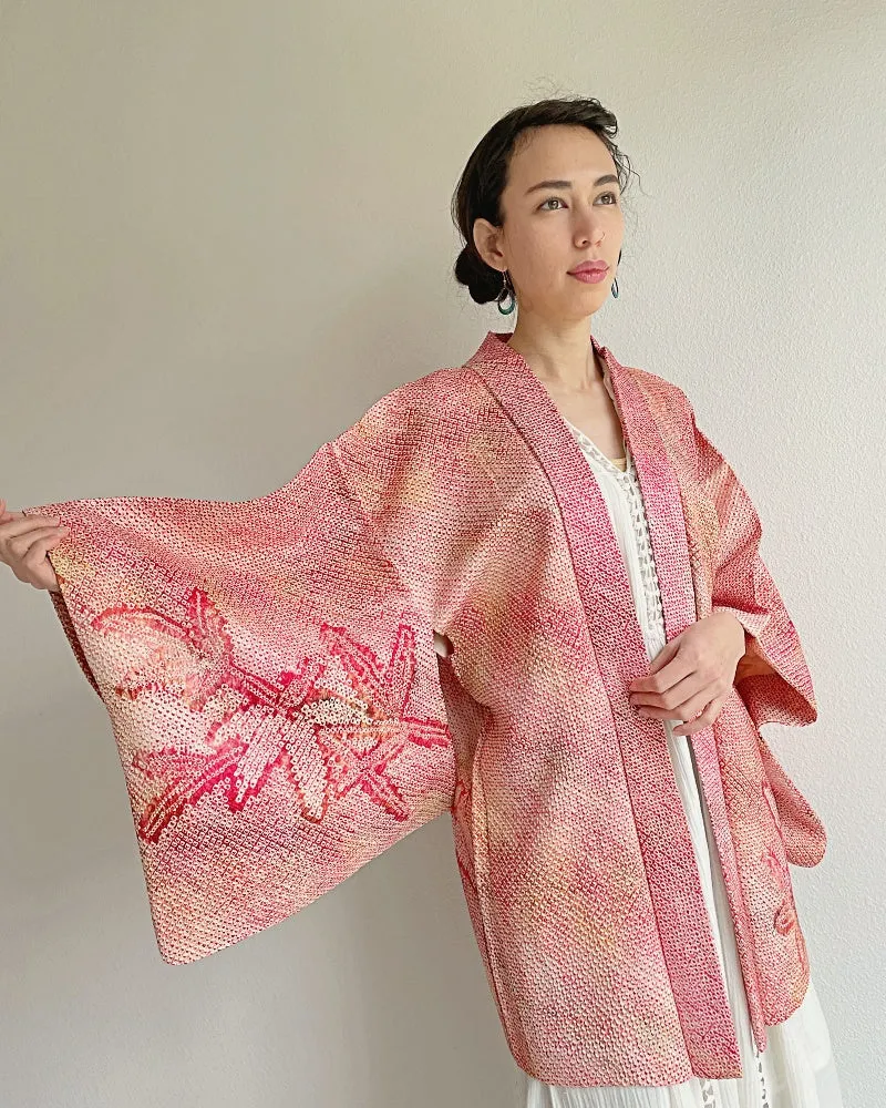 Pink Bamboo Leaves Shibori Kimono Jacket