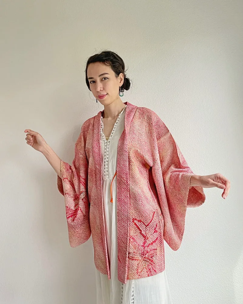 Pink Bamboo Leaves Shibori Kimono Jacket