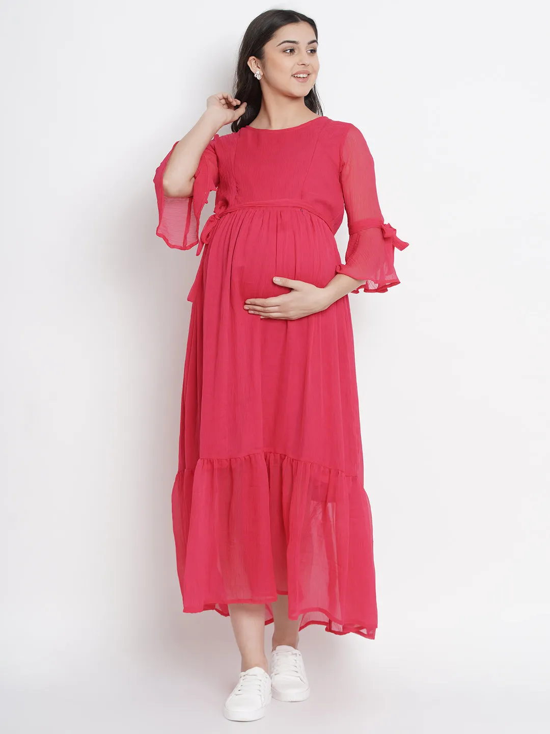 Pink Chiffon Maternity Maxi Dress