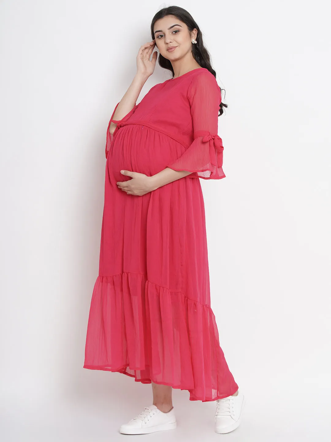 Pink Chiffon Maternity Maxi Dress