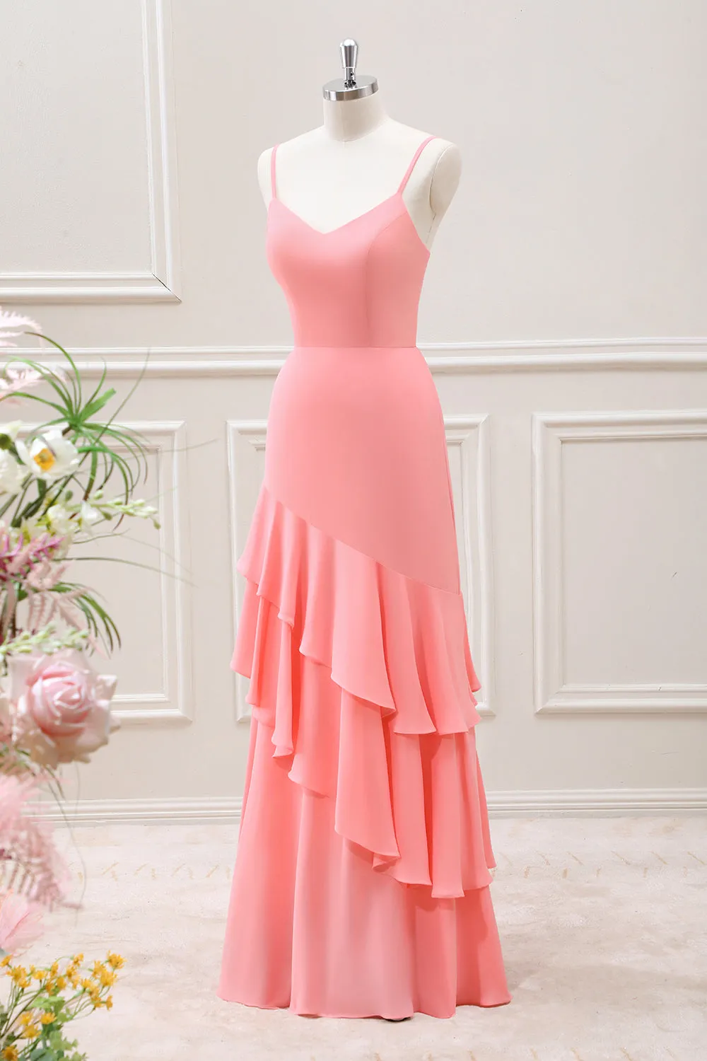 Pink Mermaid Ruffled Spaghetti Straps Maxi Dress