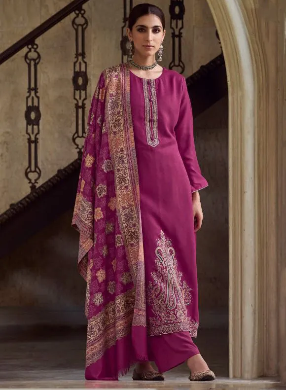 Pink Unstitched Pashmina Winter Suit Material with Embroidery for Women