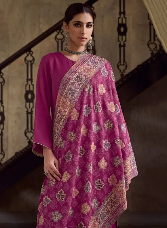 Pink Unstitched Pashmina Winter Suit Material with Embroidery for Women