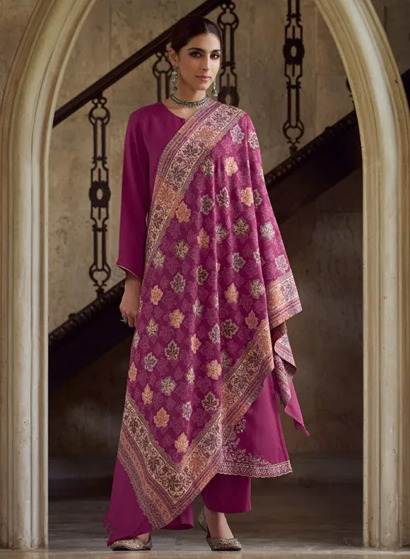 Pink Unstitched Pashmina Winter Suit Material with Embroidery for Women