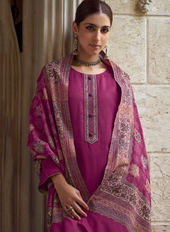 Pink Unstitched Pashmina Winter Suit Material with Embroidery for Women