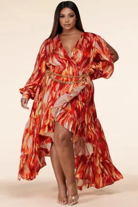 Plus-Size Fire Print Long Sleeve Maxi Dress