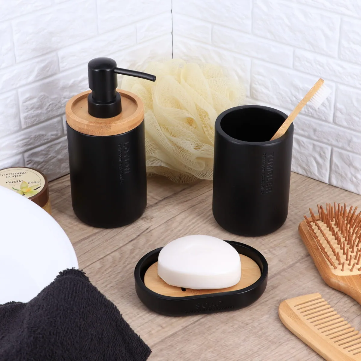 Polyresin Soap Dish - Matt Black/Bamboo