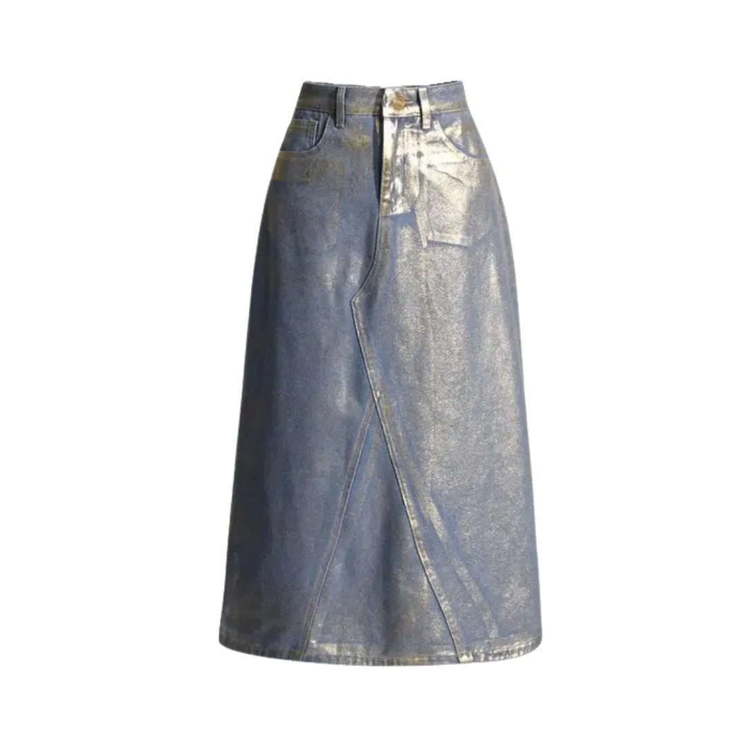 Pre Order:  Patchwork Mid Rise A-Line Denim Skirt