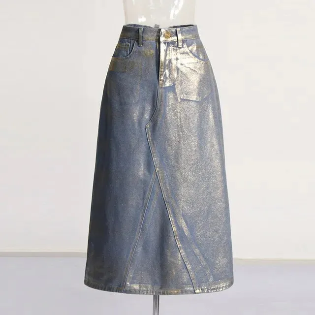 Pre Order:  Patchwork Mid Rise A-Line Denim Skirt