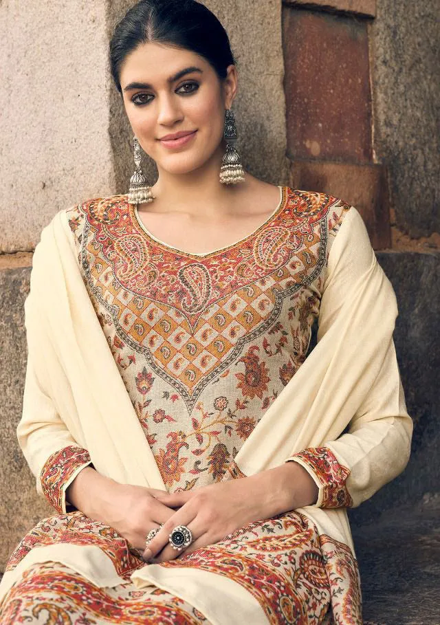 Pure Handloom Weaving Pashmina Brown Cream Winter Suits Set