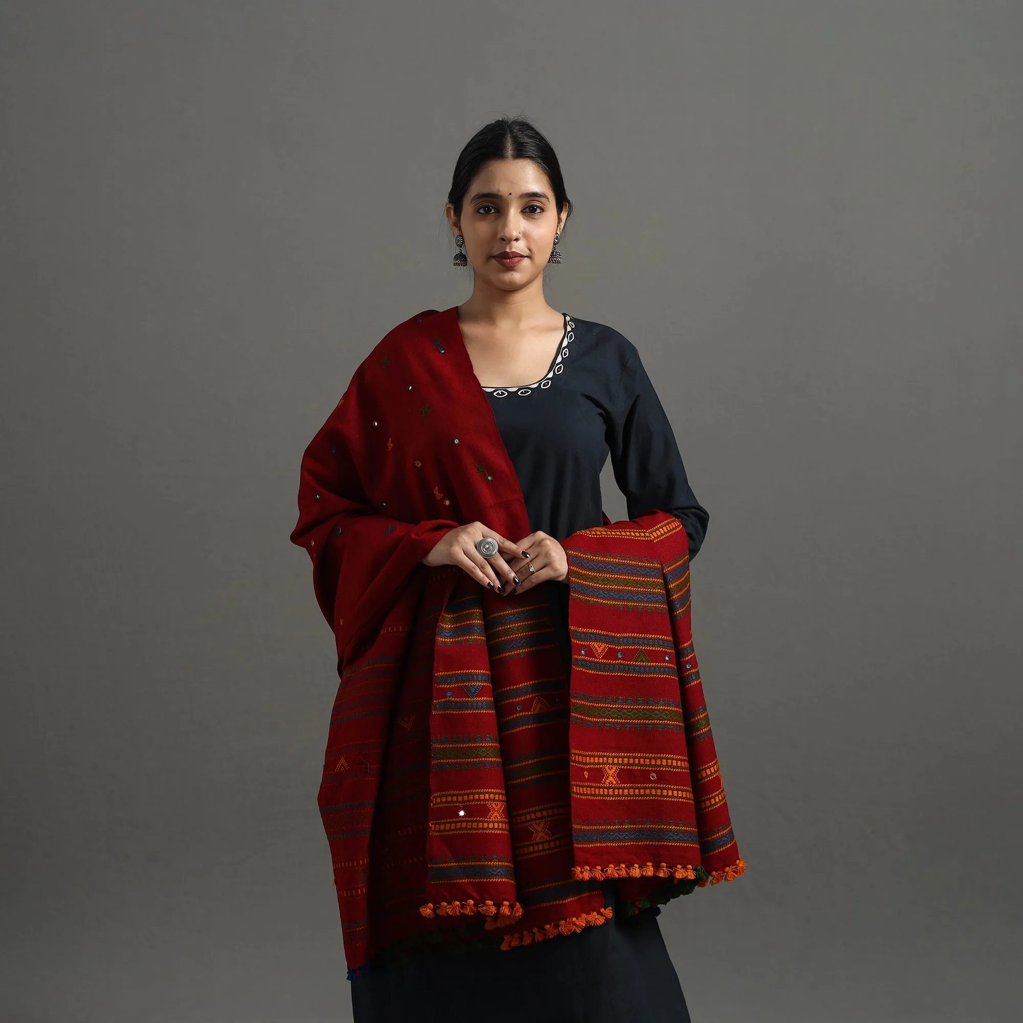 Red - Kutch Handwoven Mirror Work Woollen Shawl 14