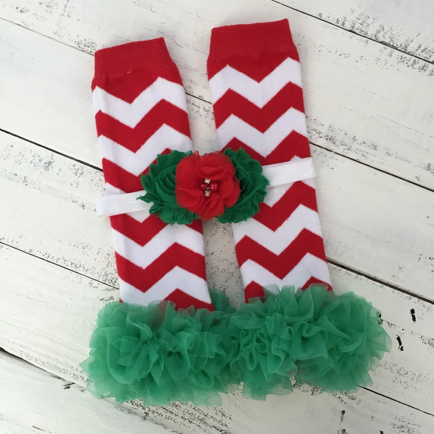 Red/White/Green Chevron leg warmers, matching headband, green ruffle bottom bloomers