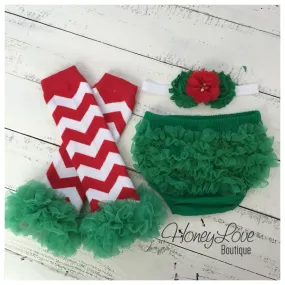 Red/White/Green Chevron leg warmers, matching headband, green ruffle bottom bloomers