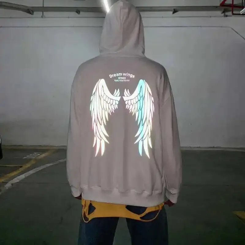 Reflective Wings Print Hoodie Women Winter Autumn Men Tops Pullover Couple Hoodie Sweatshirts