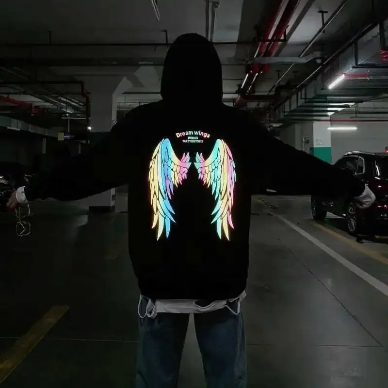 Reflective Wings Print Hoodie Women Winter Autumn Men Tops Pullover Couple Hoodie Sweatshirts