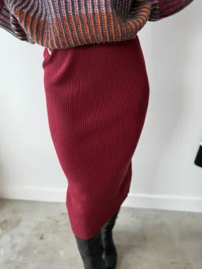 Rib Knit Midi Skirt - Burgundy