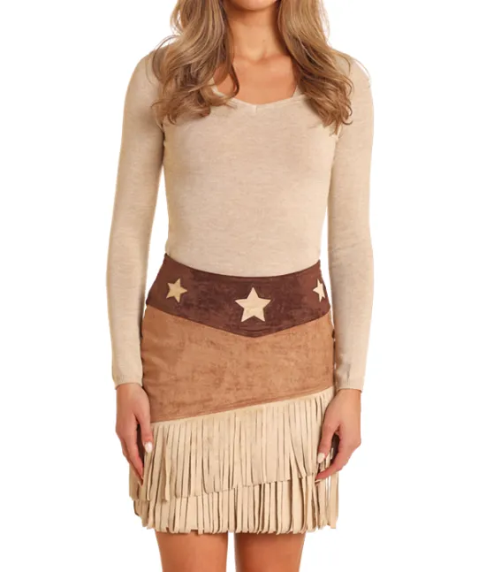 Rock & Roll Cowgirl Women's Brown Microsuede Star & Fringed Skirt BW69B05232