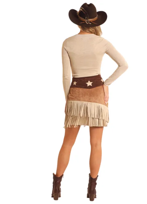 Rock & Roll Cowgirl Women's Brown Microsuede Star & Fringed Skirt BW69B05232