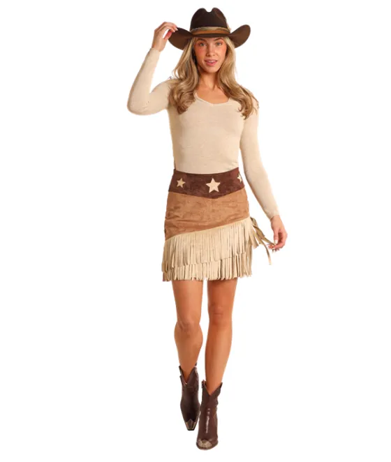 Rock & Roll Cowgirl Women's Brown Microsuede Star & Fringed Skirt BW69B05232