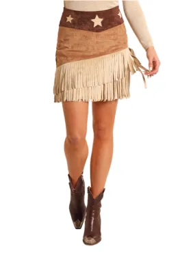 Rock & Roll Cowgirl Women's Brown Microsuede Star & Fringed Skirt BW69B05232