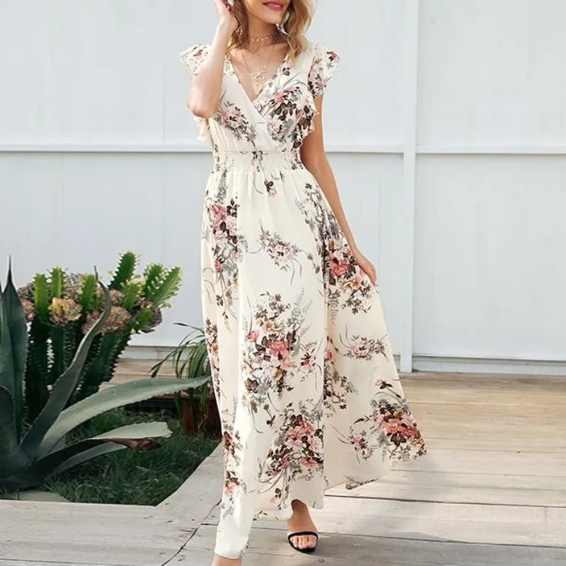 Ruffle Backless Bow Knot Printed Long Dress