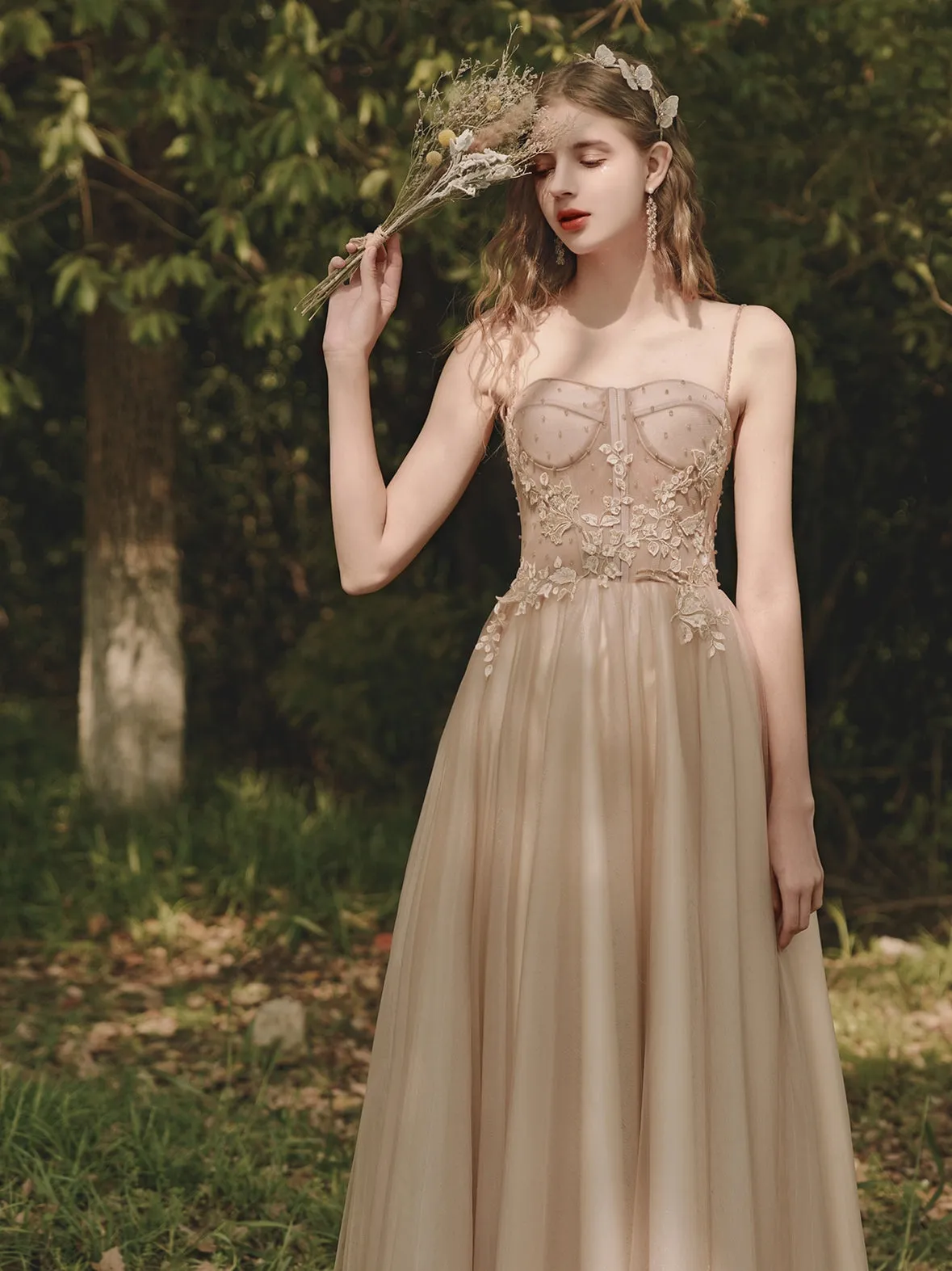 Rustic Champagne Flowy Prom Dress Long Wedding Dress