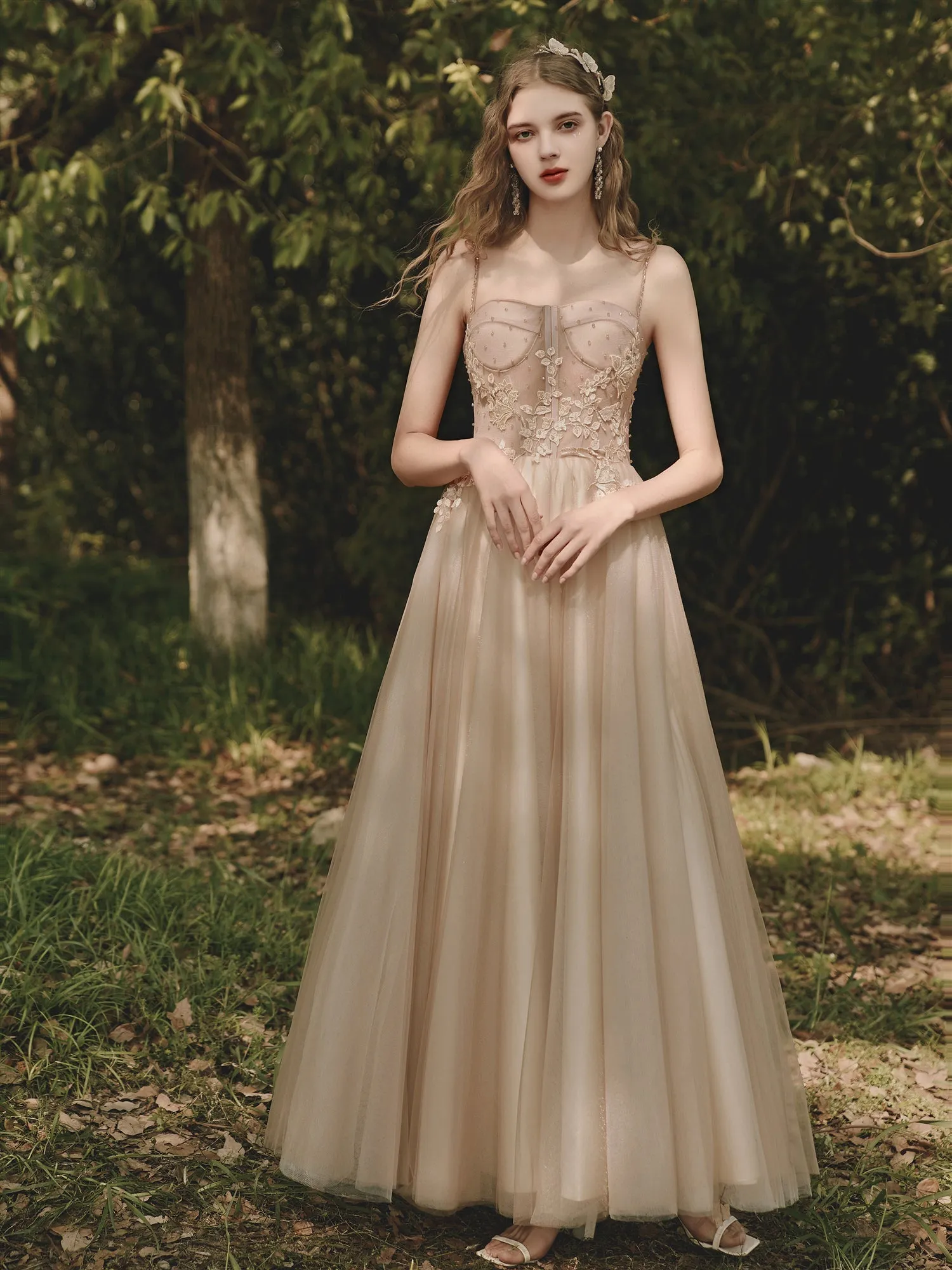 Rustic Champagne Flowy Prom Dress Long Wedding Dress