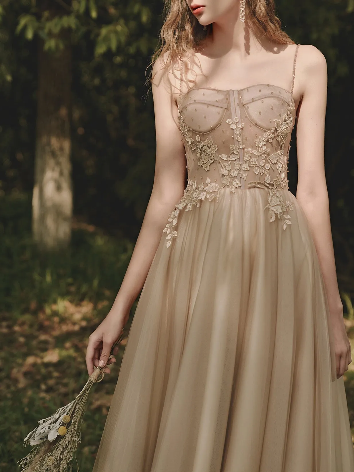 Rustic Champagne Flowy Prom Dress Long Wedding Dress