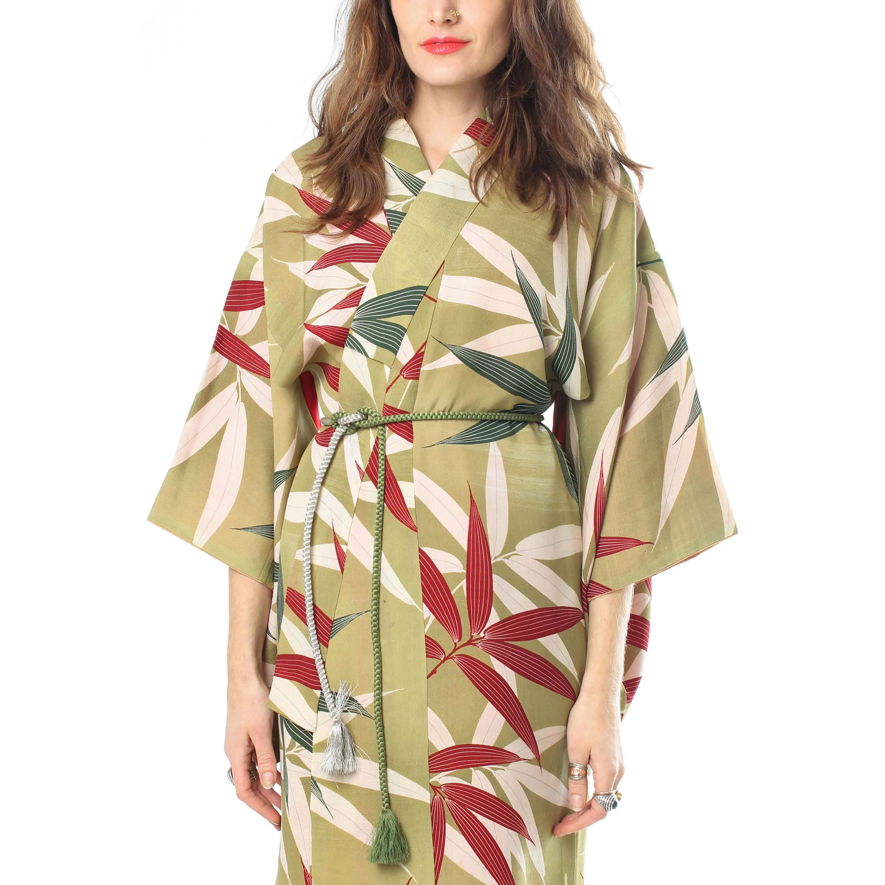 Sage Green Bamboo Leaves Kimono