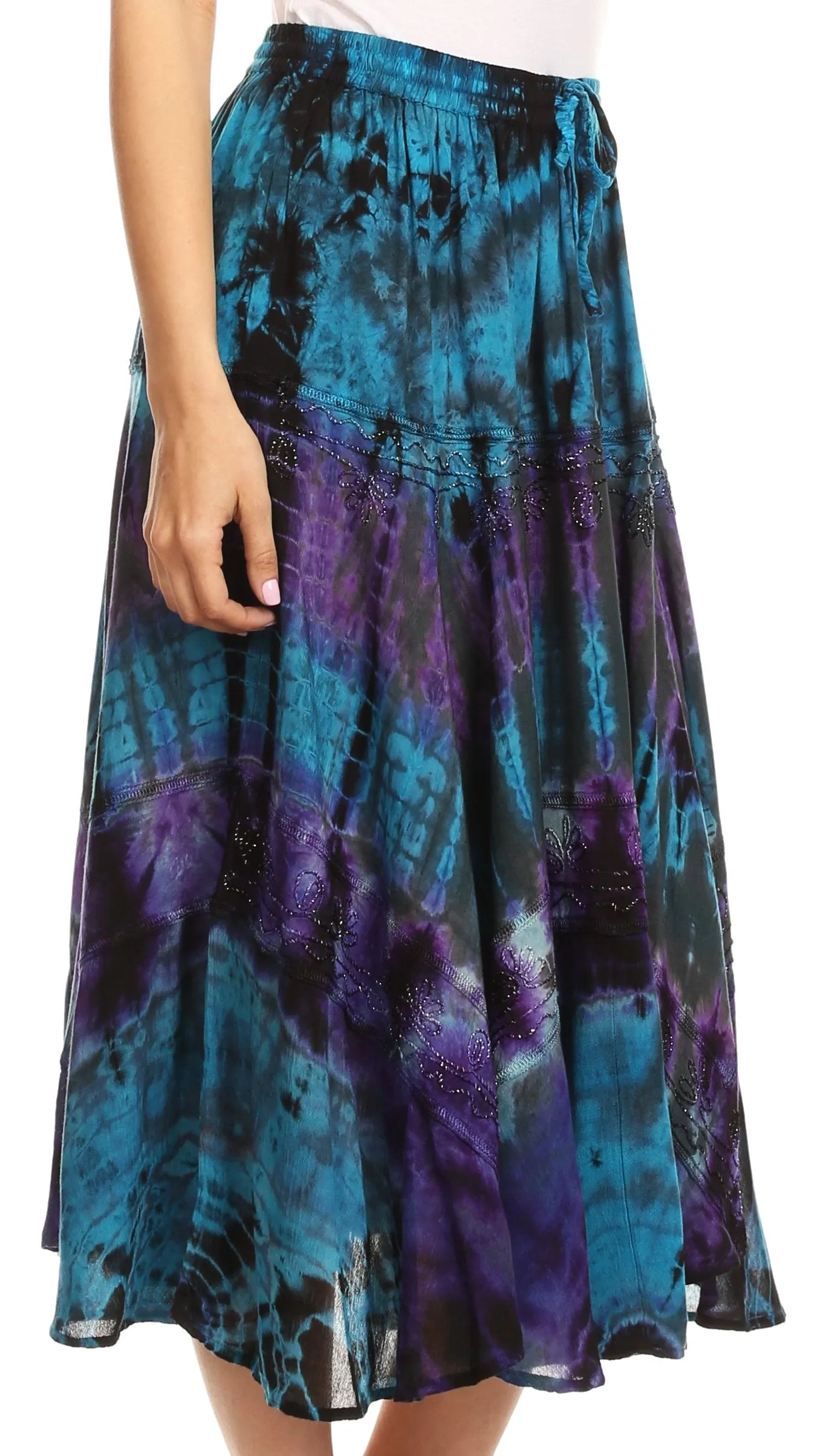 Sakkas Justina Womens Dance Midi Full Circle Tie-dye Skirt with Elastic Waist