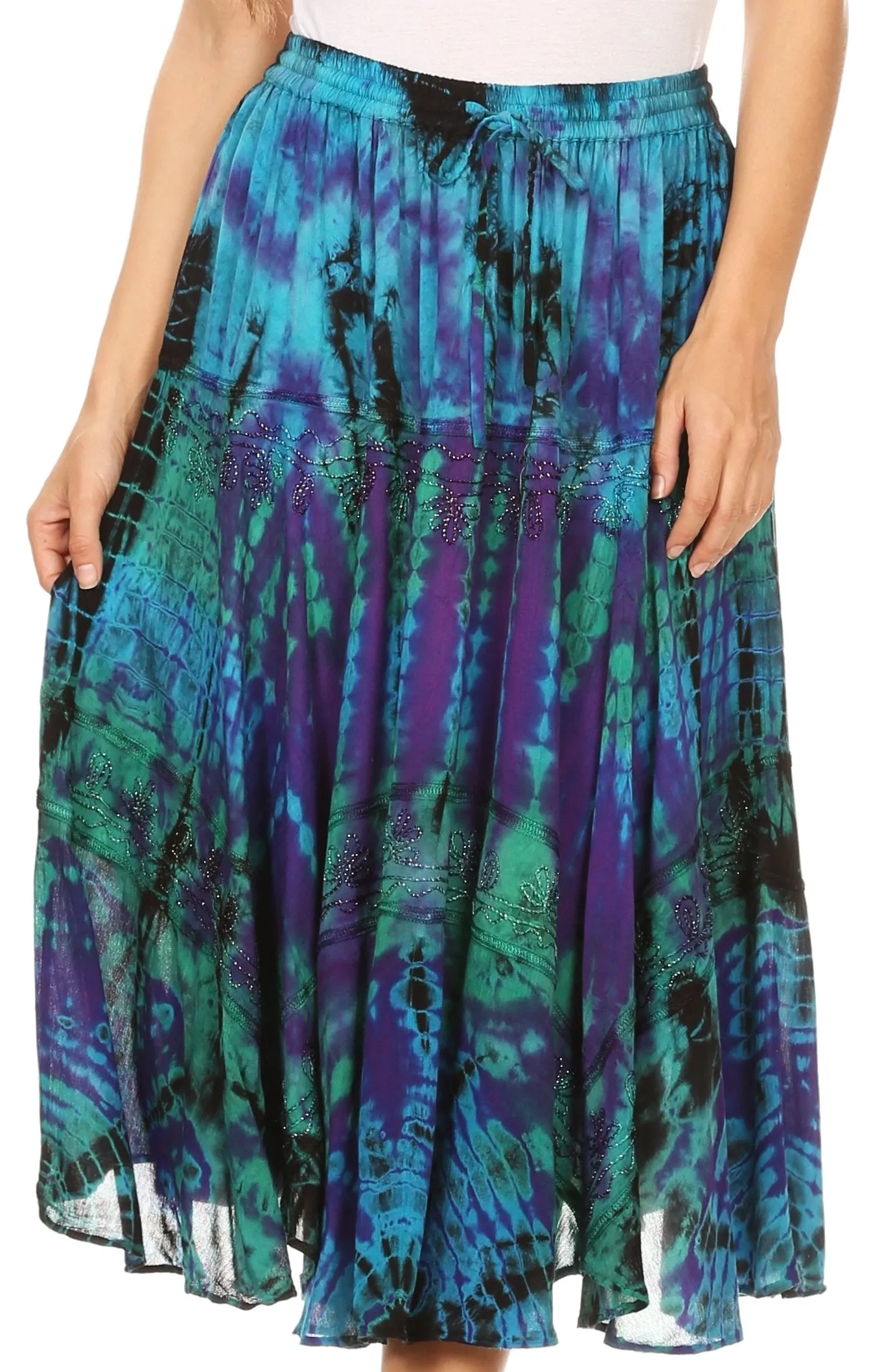 Sakkas Justina Womens Dance Midi Full Circle Tie-dye Skirt with Elastic Waist