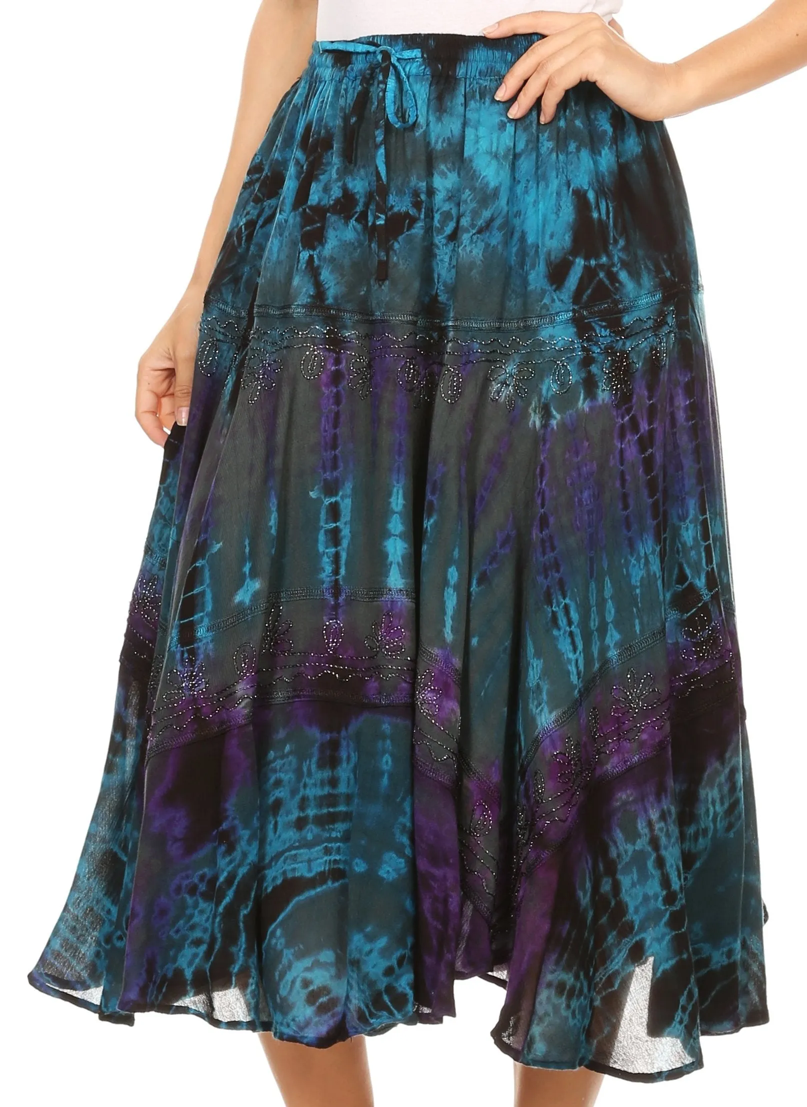 Sakkas Justina Womens Dance Midi Full Circle Tie-dye Skirt with Elastic Waist