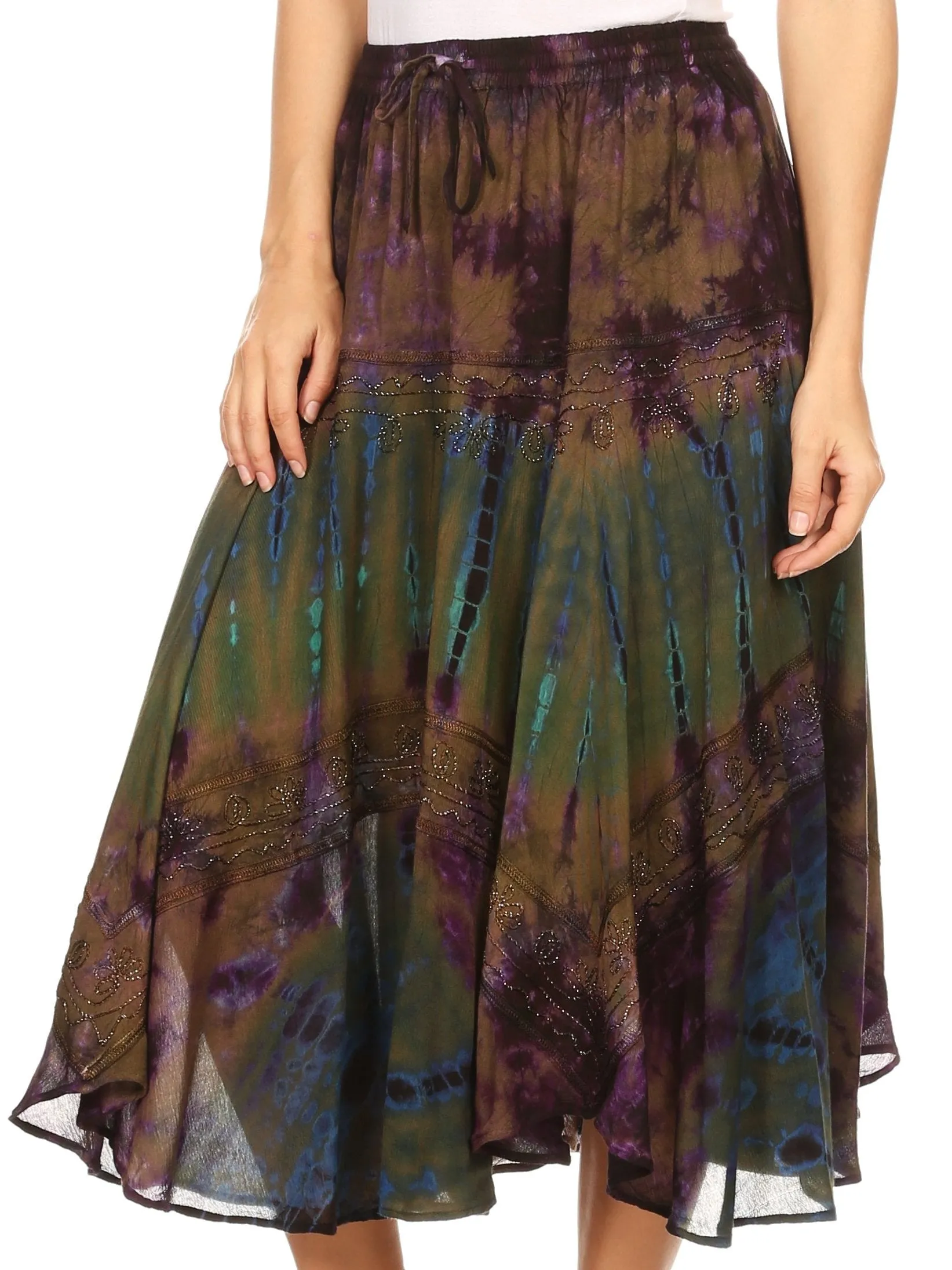 Sakkas Justina Womens Dance Midi Full Circle Tie-dye Skirt with Elastic Waist