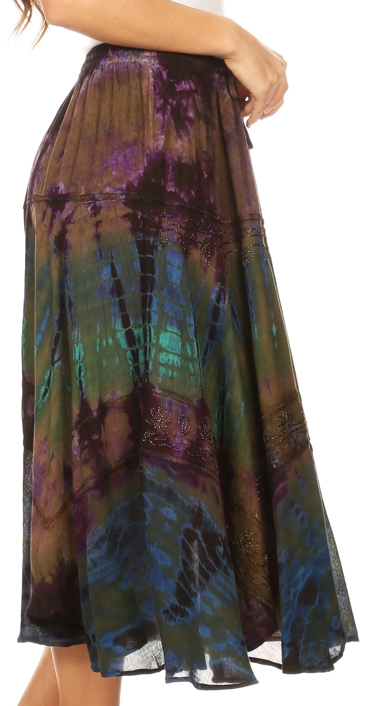 Sakkas Justina Womens Dance Midi Full Circle Tie-dye Skirt with Elastic Waist