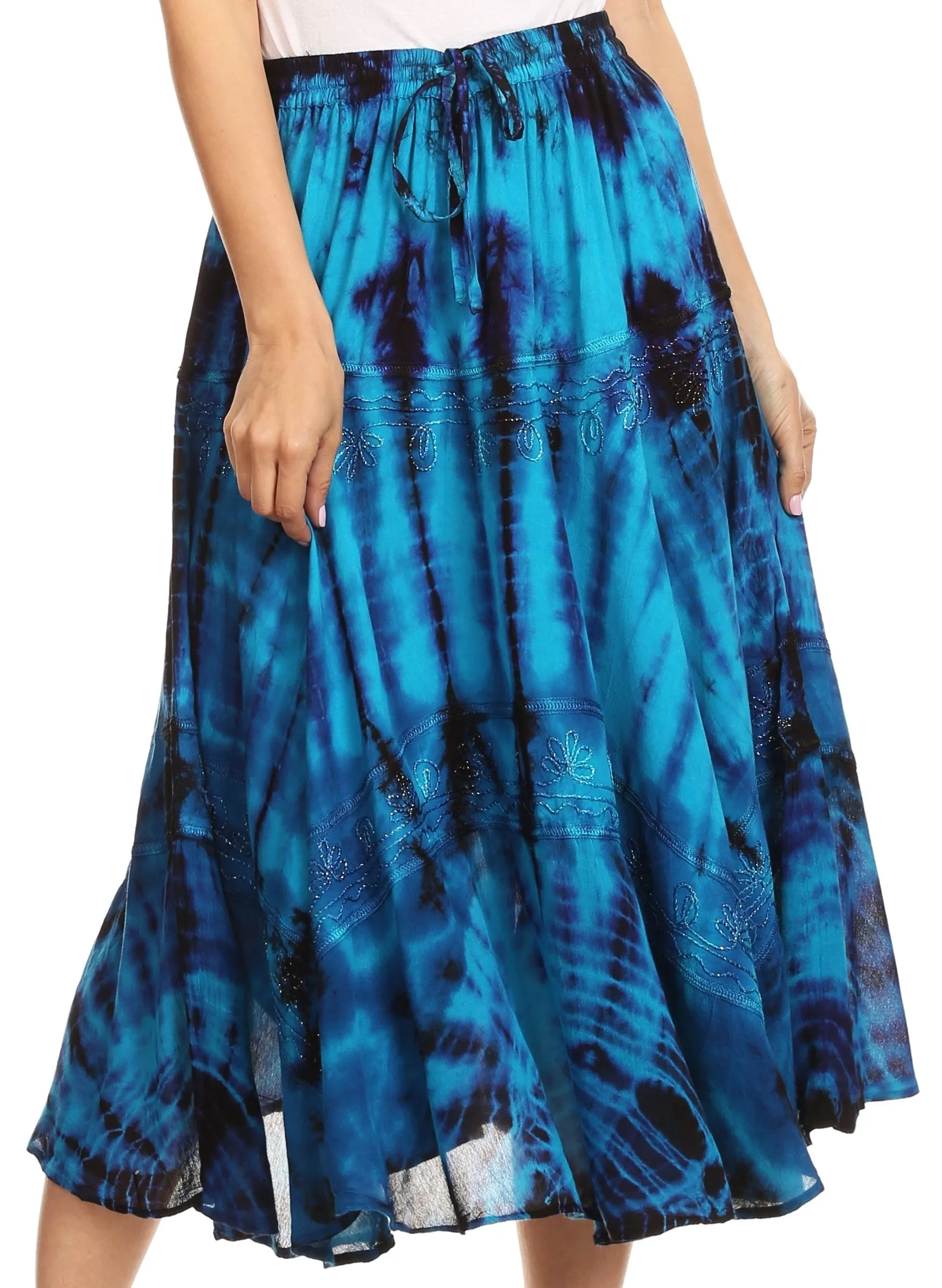 Sakkas Justina Womens Dance Midi Full Circle Tie-dye Skirt with Elastic Waist